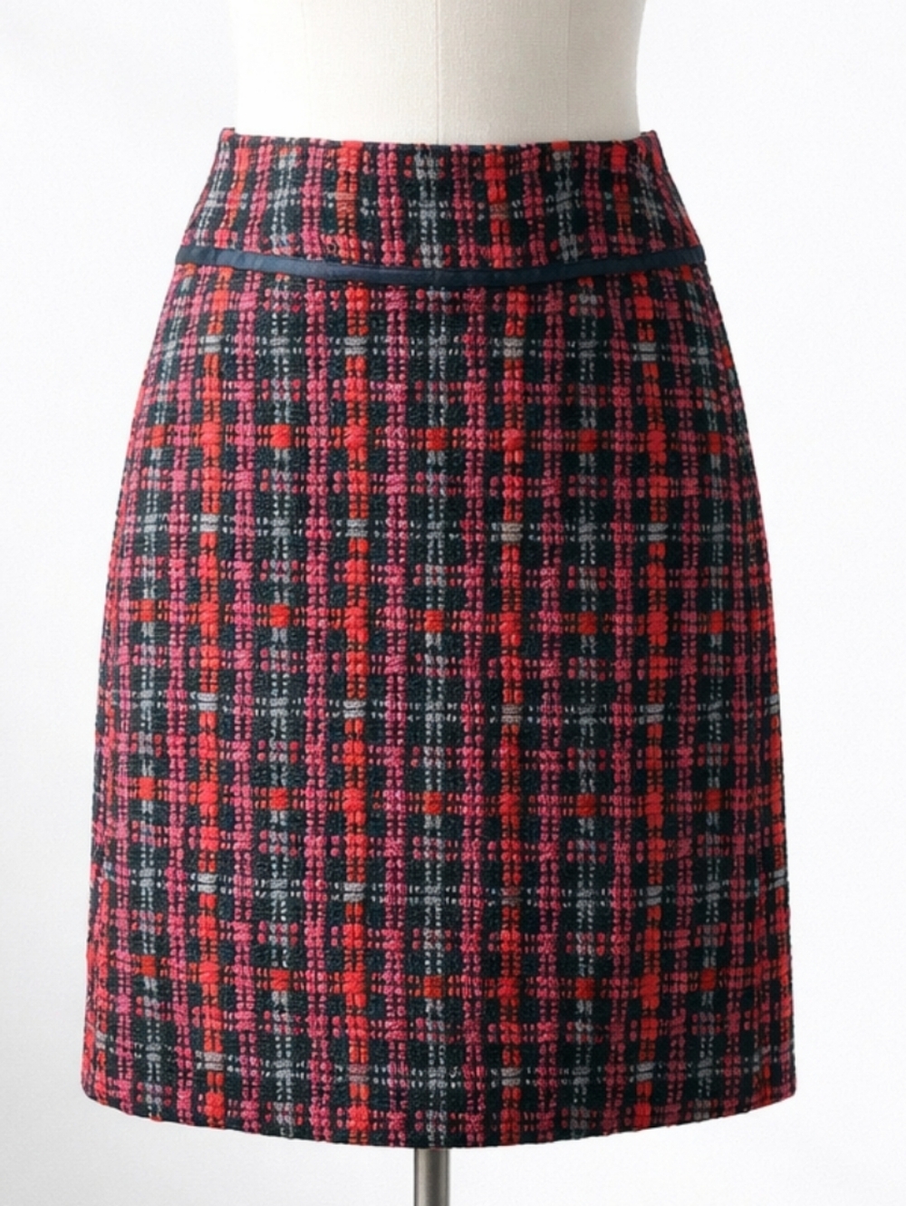 LOFT Red Pink Plaid Boucle Tweed Wool Blend Mini Skirt Lined Size 14